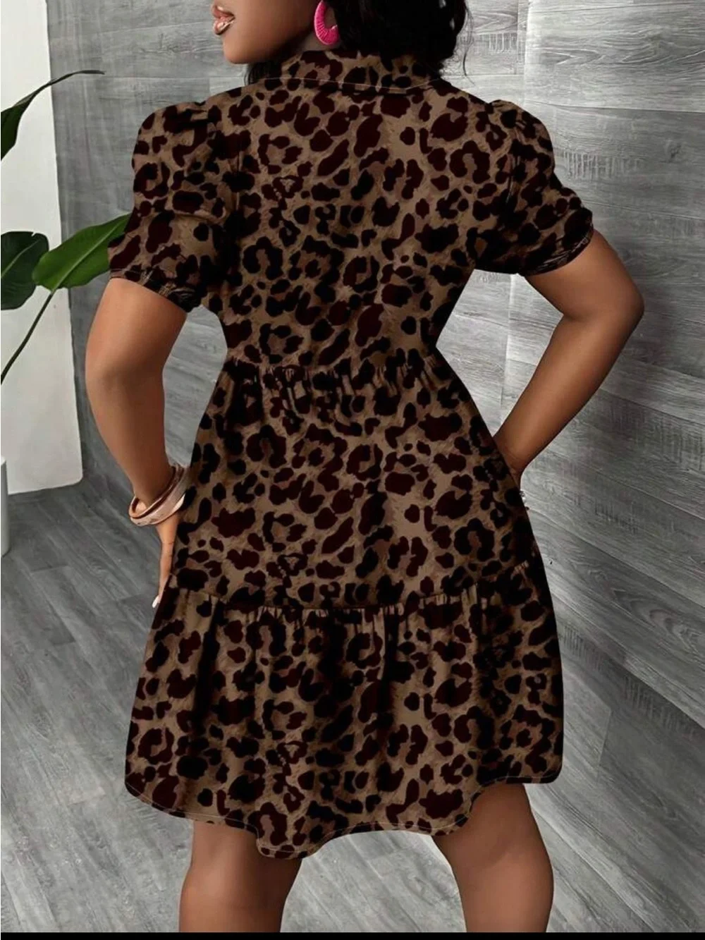 Leopard Print Brown Mini Dress with Button Front